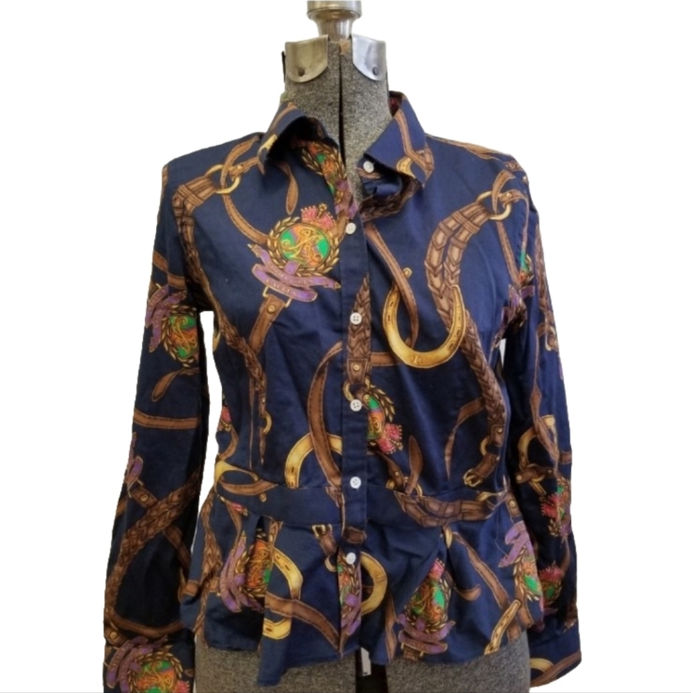 Lauren Ralph Lauren 8P Equestrian Horse Bit Peplum Blouse Navy - Picture 2 of 8